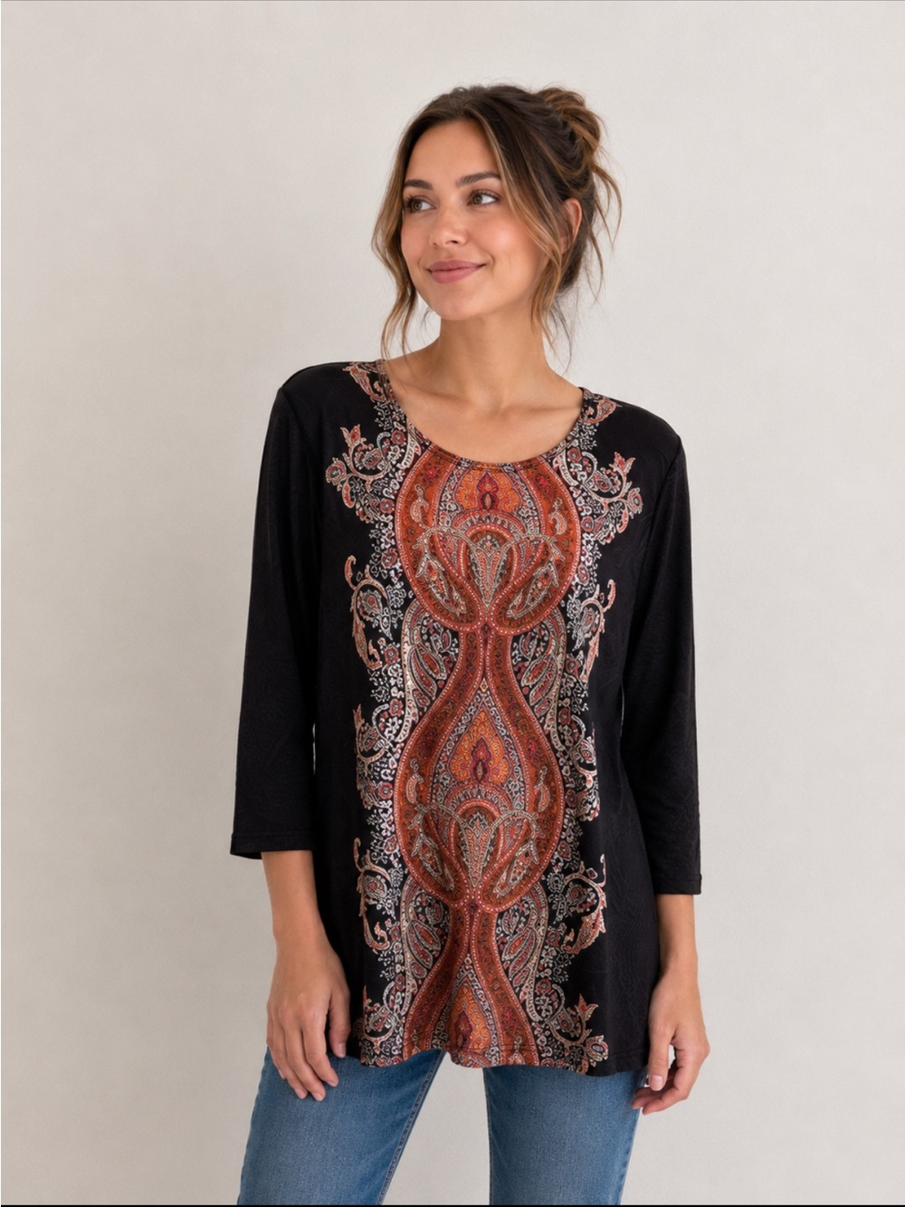 JM Collection Black Long-Sleeve Tunic with Rust Paisley Panel